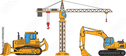 Construction machinery set vector illustration, bulldozer tower crane and excavator heavy equipment isolated on white background industrial collection