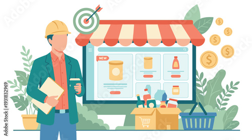 Businessman manages online grocery store and e-commerce delivery logistics