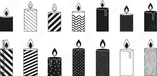 Decorative candle collection vector illustration, black and white burning candles set, minimal flat design isolated on white background