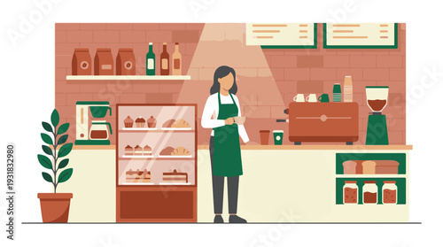 Barista working in a modern coffee shop serving pastries and coffee