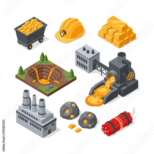 Isometric Gold Mining and Production Process Elements Set.
