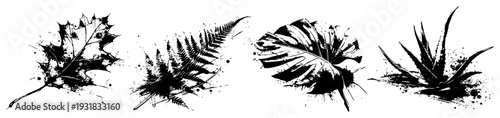 Collection of various leaf silhouettes with artistic ink splatters and grunge textures