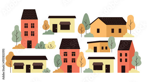 Flat design collection of colorful houses and trees, urban neighborhood