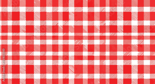 Red and White Buffalo Plaid Seamless Pattern, Hand-Painted Watercolor Gingham Check Background with Grunge Texture for Picnic and Textile Design