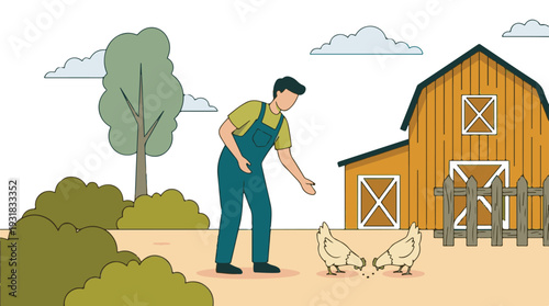 Farmer feeding chickens in a farmyard with a barn, flat design illustration
