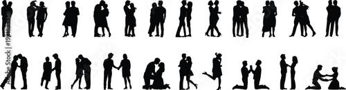 Set of romantic couple silhouettes featuring lovers hugging, kissing, holding hands, and proposing isolated on white background flat vector design (20 words)