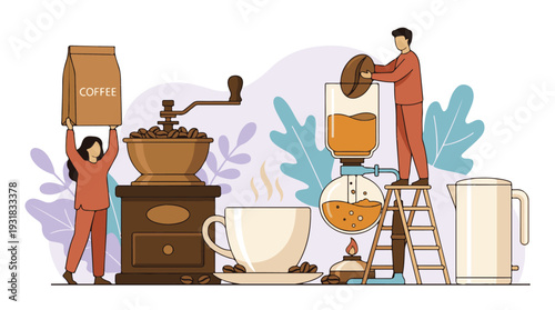 People preparing coffee with grinder and siphon brewer, coffee beans illustration
