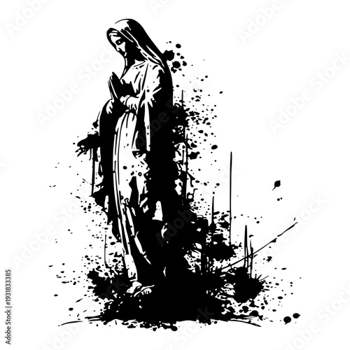 Statue of Virgin Mary in prayer in decorative black ink splatter silhouette