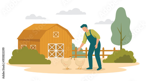 Rural farm scene with a farmer feeding chickens near a barn illustration