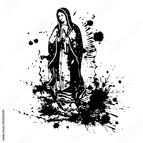 Our Lady of Guadalupe Virgin Mary in artistic grunge ink splatter style