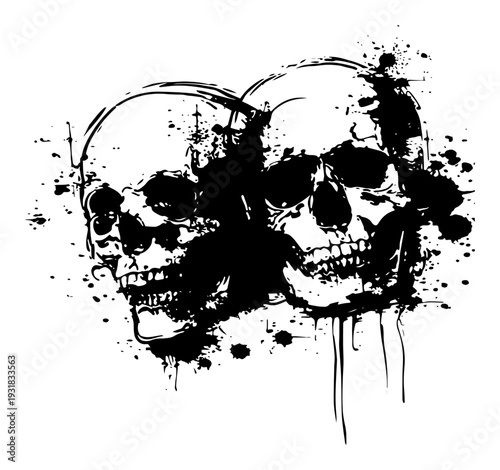 Two human skulls facing each other in dramatic ink splash style