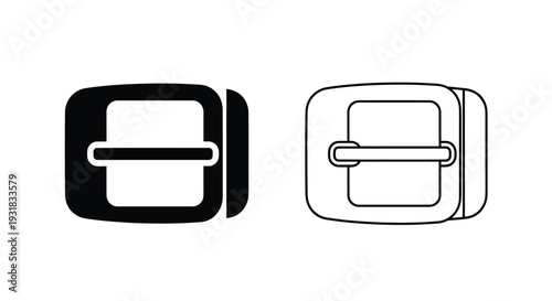 Two black and white illustrations of belt buckles one filled one outlined