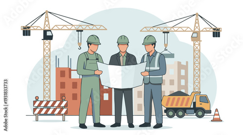 Construction team reviewing blueprints on a building site