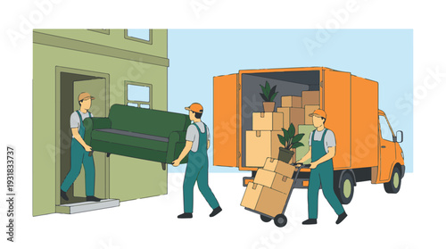 Professional movers loading furniture and boxes into a moving truck