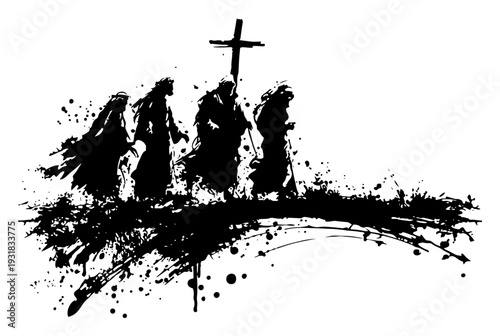 Artistic black ink silhouette of religious pilgrims walking with a cross and grunge splatters