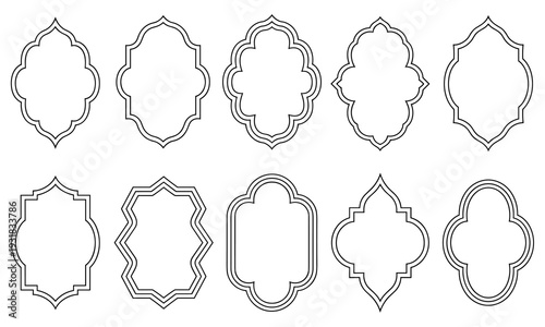Elegant black outline arabesque and Moroccan frames, ideal for labels and decorative borders, presented on a clean white background.