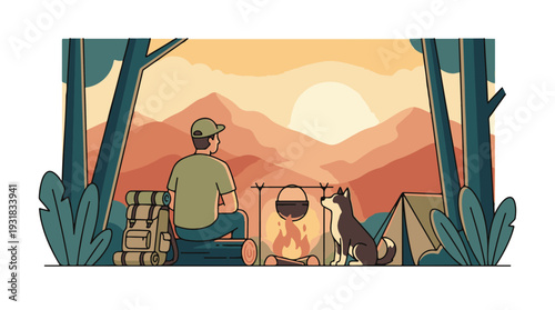 Man and dog camping outdoors, enjoying campfire at sunset in mountains