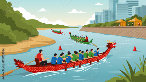 Vibrant red dragon boat paddlers rowing in sync on bluegreen river with urban skyline, vector illustration scene