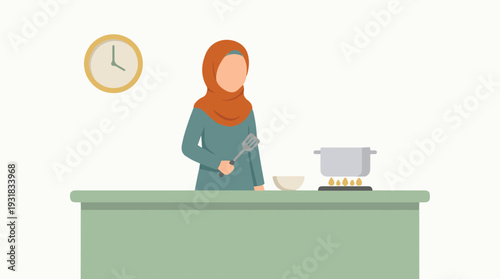 Muslim woman cooking in a kitchen, preparing food with a pot and spatula