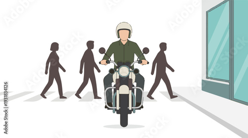 Motorcyclist and pedestrians crossing at urban street illustration
