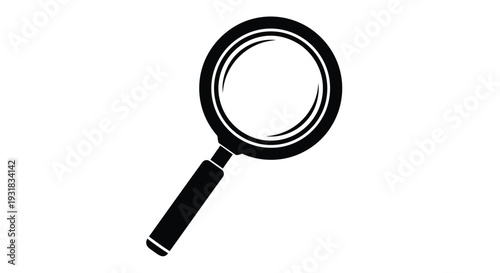 A simple black silhouette of a magnifying glass on a white background