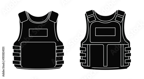 Two black and white illustrations of tactical vests front and back views