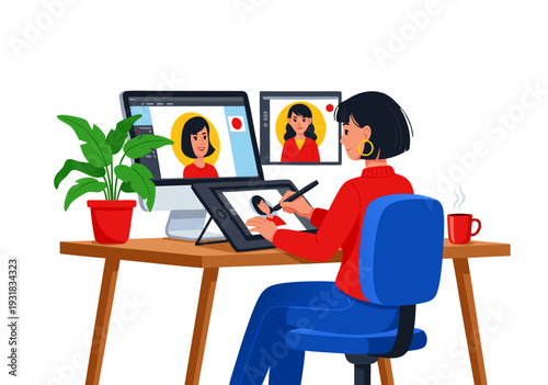 Vector Illustration of a Cartoon Woman in a Video Call with Another Woman at a Wooden Desk