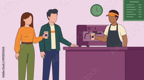 Customers receive coffee from barista at a modern minimalist cafe