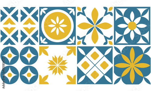 Vibrant Mediterranean ceramic tiles with geometric and floral patterns in blue and yellow on a white background, for a cheerful traditional style.