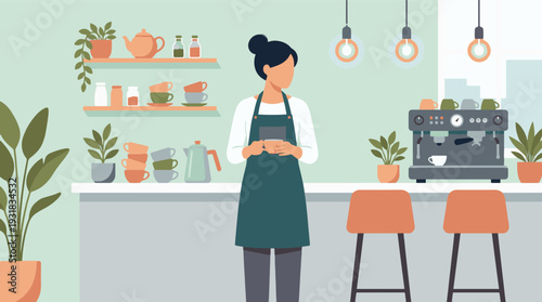 Barista working at modern coffee shop counter with espresso machine