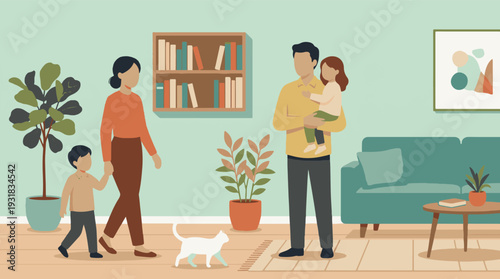 Happy family with two children and a cat in a minimalist living room