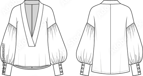 Women Deep V Neck Blouse with Long Puff Sleeves Front and Back View Fashion Technical Line Art Illustration