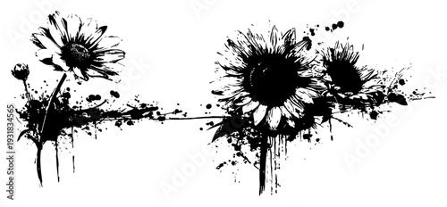 Beautiful sunflowers and daisy flowers in artistic ink splatter grunge style