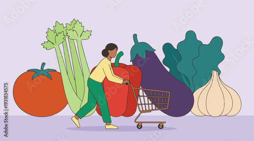 Woman Pushing Shopping Cart with Fresh Vegetables Illustration
