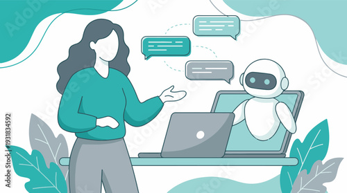 Woman communicating with AI chatbot on laptop, concept of artificial intelligence