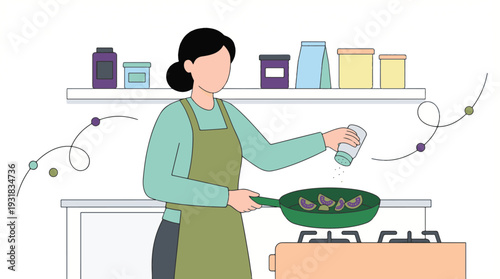 Woman cooking in kitchen, seasoning food in frying pan with tomatoes