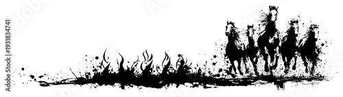 Herd of wild horses galloping through field in dramatic grunge ink style