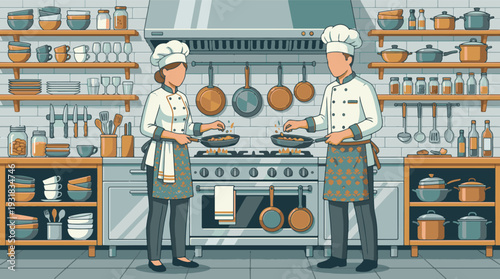 Two professional chefs cooking and preparing food in a busy kitchen