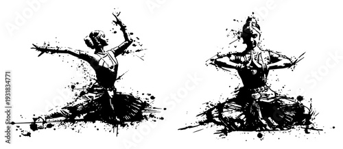 Traditional oriental dancers in graceful poses with artistic ink splash style