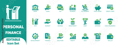 Personal Finance Solid Icon Set. profit, monitoring, portfolio, retirement, icon, revenue, financial, fund, and Editable icons. 
