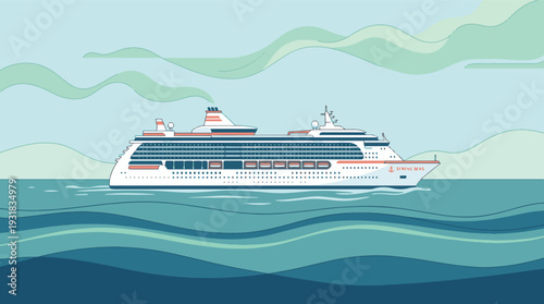 Cruise ship sailing on a calm ocean under an abstract blue sky illustration