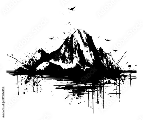 Majestic mountain peak reflecting in water with flying birds and artistic splatters
