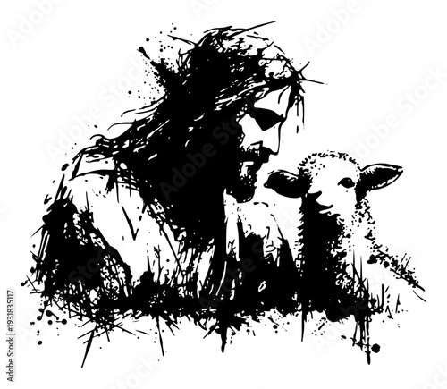 Compassionate silhouette of Jesus Christ with a small lamb in grunge ink style