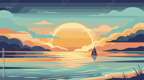 Vibrant flat design sunset over ocean with sailboat and stylized clouds
