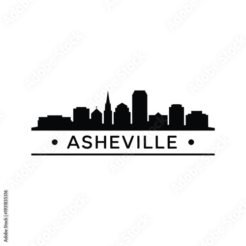 Black silhouette of asheville skyline with city name typography below