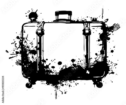 Vintage travel suitcase with straps in artistic black ink splatter style