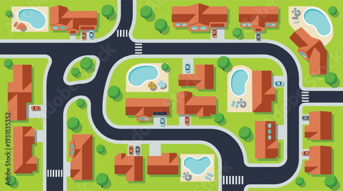 Aerial view of a suburban neighborhood with houses, pools, cars, and roads