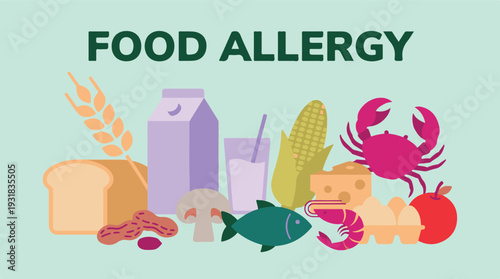 Food Allergy concept with common allergenic ingredients illustration