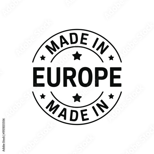 A circular black badge displaying made in europe text and stars
