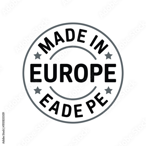 Circular emblem displaying made in europe with surrounding star details